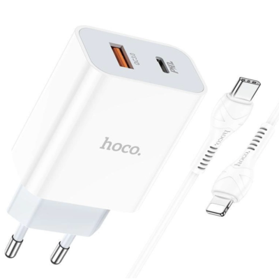 Мережевий зарядний пристрій Hoco C97A PD+QC3.0 20W (1USB 3A) Lightning-Type-C White