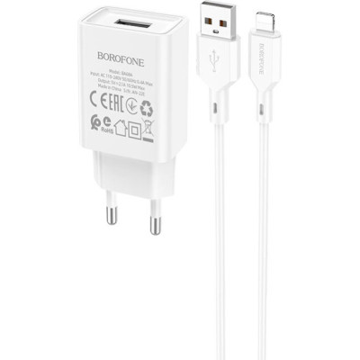 Мережевий зарядний пристрій Borofone BA68ALW Glacier 1xUSB-A, 2.1A + Lightning White
