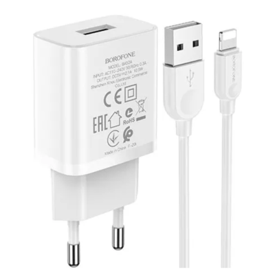 Мережевий зарядний пристрій Borofone BA52A Gamble + Lightning Cable White