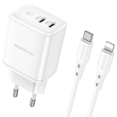 Мережевий зарядний пристрій Borofone BN9 Reacher Type-C to Lightning PD35W + QC3.0 2USB(2C) White