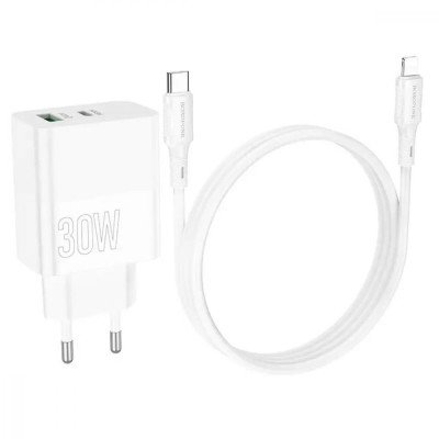 Мережевий зарядний пристрій Borofone BA75A PD30W+QC3.0 charger set + type-c - Lightning White