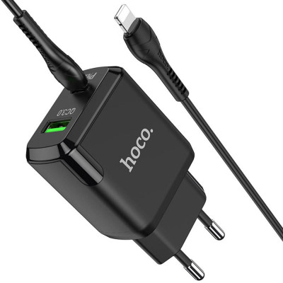Мережевий зарядний пристрій Hoco N5 Favor 20W PD+QC3.0 + USB Type-C to Lightning Black