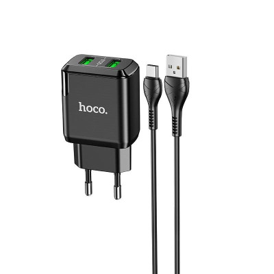 Мережевий зарядний пристрій Hoco N6 Charmer dual port + USB Type-C Black