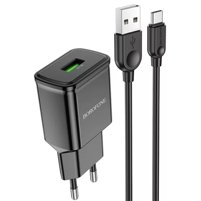 Мережевий зарядний пристрій Borofone BA59A Heavenly Single 18W/QC3.0 + USB Type-C Cable Black