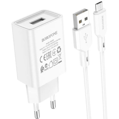 Мережевий зарядний пристрій Borofone BA68A Glacier 1USB/2.1A+Cable Micro White