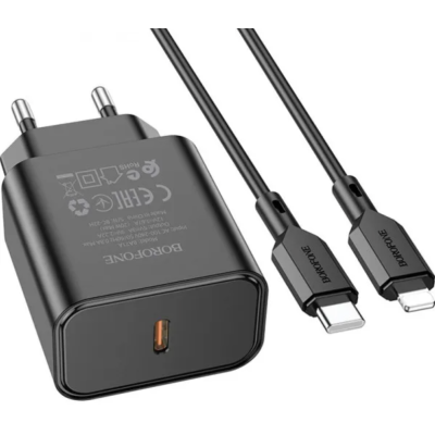 Мережевий зарядний пристрій Hoco CS14A 1USB/1USB-C PD20W + QC3.0 + Кабель Type-C to Lightning Black