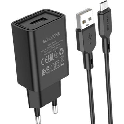 Мережевий зарядний пристрій Borofone BA68A Glacier 1xUSB-A 2.1A w/Micro-USB cable Black